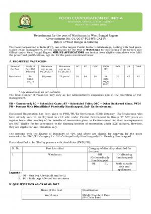 FCI Recruitment 2017, 82 Vacancies for Watchman Posts, For West Bengal Region  
