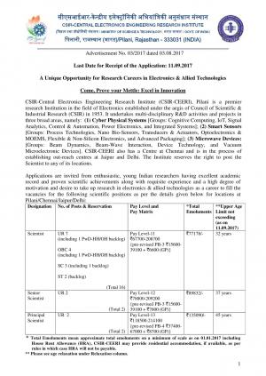 CSIR-CEERI Recruitment 2017 for 11 Scientist Posts 