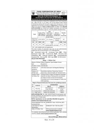 FCI Recruitment 2017, 187 Vacancies for Watchman Posts, for Maharashtra Region  