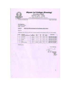 Shyam Lal college Third Cut-off