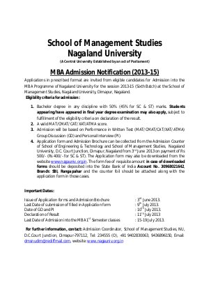 Nagaland University invites applications for admission to MBA program for 2014