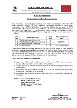 Surat Sitilink Ltd Recruitment 2017 for 35 Route Assistant & Other Posts 