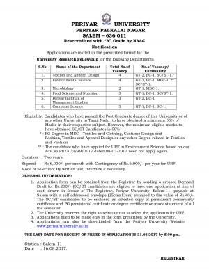 Periyar University, Salem Recruitment 2017 for 19 University Research Fellowship Posts