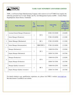 TNPL Recruitment 2017, Apply for Assistant General Manager/Senior Manager Posts