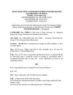 SSC North Western Region Chandigarh Detailed Advertisement