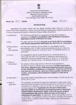 District Magistrate, Nadia Recruitment 2017 for 05 Data Entry Operator Posts