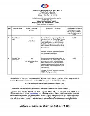 BECIL Recruitment 2017, Apply for Project Director and Assistant Project Director Posts