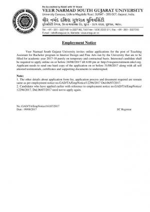 Veer Narmad South Gujarat University Recruitment 2017 for 13 Teaching Assistant Posts