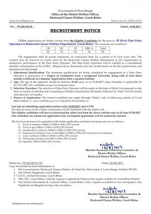 District Welfare Officer, Cooch Behar Recruitment 2017 for 05 Data Entry Operator Posts