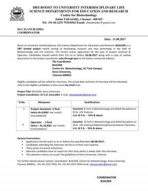 Anna University Recruitment 2017, Engineering Jobs, Apply for Project Assistant and Operator Posts