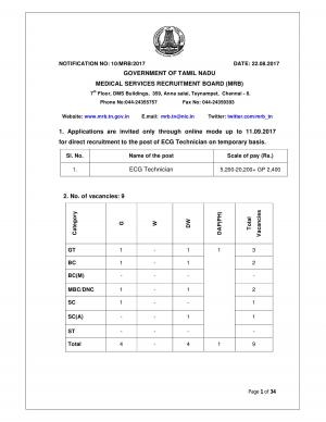 Medical Services Recruitment Board, TN Recruitment 2017, 9 Vacancies for ECG Technician Post 