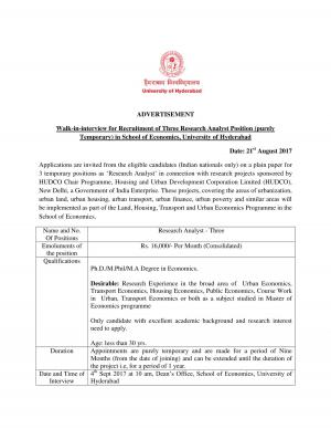 University of Hyderabad Recruitment 2017 for 03 Research Analyst Posts 