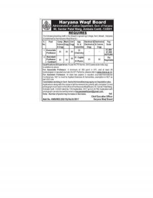 Haryana Waqf Board Recruitment 2017, Apply for Associate and Assistant Professor Posts