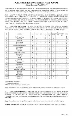 West Bengal PSC Recruitment 2017 for 254 Assistant Professor Posts
