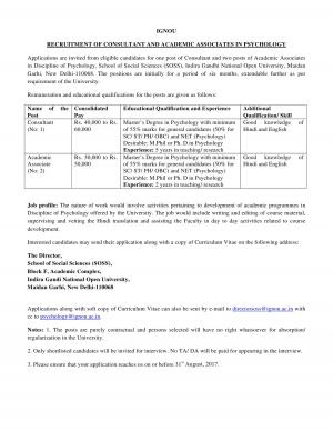 IGNOU Recruitment 2017 for 03 Academic Associate & Consultant Posts