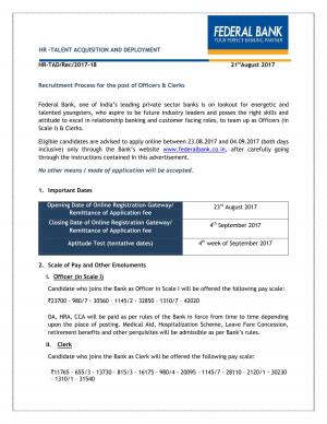 Federal Bank Recruitment 2017 for Officers & Clerks Posts 