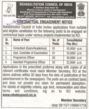 Rehabilitation Council of India Recruitment 2017 for 06 Assistant Program Officer & Other Posts 