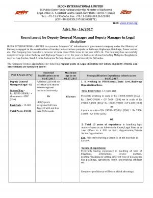 IRCON Recruitment 2017 for 04 Deputy Manager & Deputy General Manager Posts 