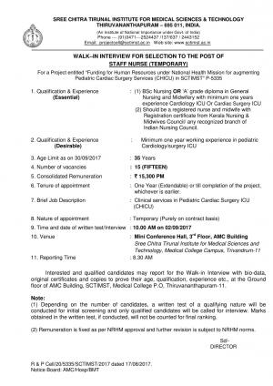 SCTIMST Recruitment 2017 for 35 Staff Nurse (Temporary) Posts 
