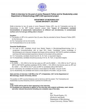 Assam University, Silchar Recruitment 2017 for 06 JRF, Traineeship & Studentship Posts 