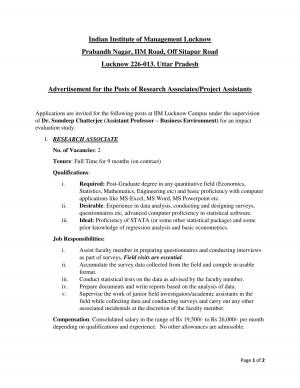 IIM, Lucknow Recruitment 2017 for 04 Research Associate & Project Assistant Posts 