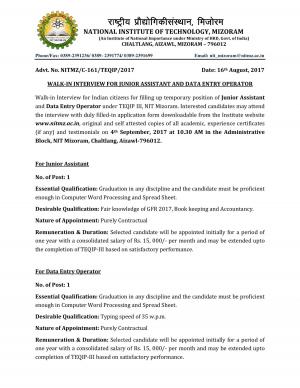 NIT, Mizoram Recruitment 2017 for Junior Assistant & DEO Posts 