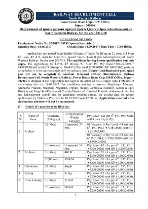 North Western Railway Recruitment 2017 against Sports Quota for 21 Sportsperson Posts