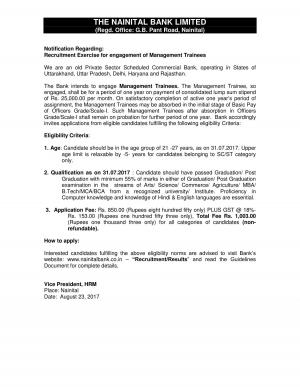 Nainital Bank Limited Recruitment 2017 for Management Trainees Posts 