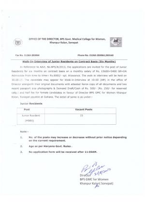 BPS Govt. Medical College for Women, Sonepat Recruitment 2017 for 15 Junior Resident Posts 