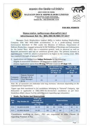MDL Recruitment 2017 for 2 Company Secretary Posts