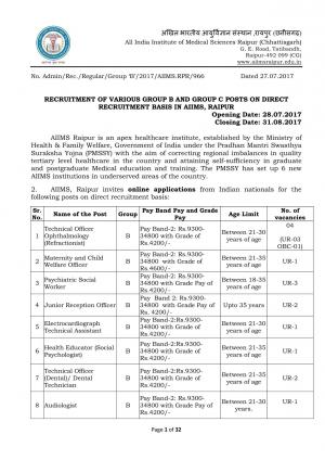 AIIMS, Raipur Recruitment 2017 for 37 Medical Record Technician and Other Posts
