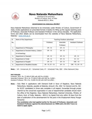 Nava Nalanda Mahavihara Recruitment 2017 for 18 Faculty Posts
