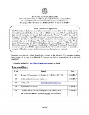 University of Hyderabad Recruitment 2017 for 15 Stenographer & Other Posts