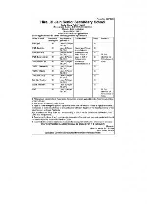 Hiralal Jain Senior Secondary School Recruitment 2017 for 11 Teacher Posts