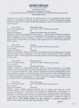 LBSNAA, Mussoorie Recruitment 2017 for 10 Assistant & Other Posts