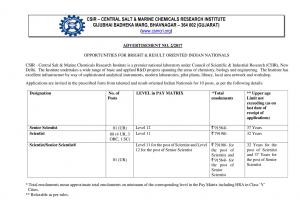 CSIR - CSMCRI, Gujarat Recruitment 2017 for 10 Senior Scientist and Scientist Posts