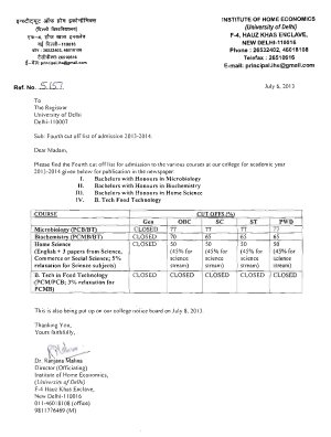 Institute of Home Economics Fourth Cut-off