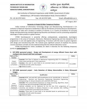 IIITDM, Kancheepuram Recruitment 2017 for 06 Project Assistant and Other Posts