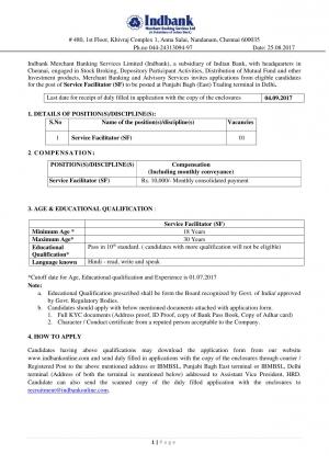 IndBank Recruitment 2017 for Service Facilitator (SF) Post