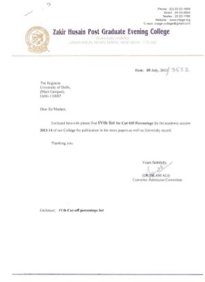 Zakir Husain P.G. Evening college Fourth Cut-off