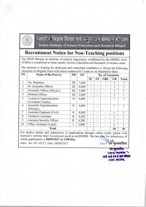 IISERB Recruitment 2017 for 10 Non-Teaching Posts 