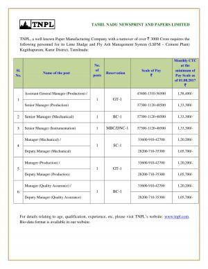 TNPL Recruitment 2017 for 06 Senior Manager & Other Posts
