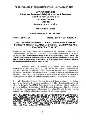 SSC SR Recruitment 2017 for 66 Medical Attendant, Lady Medical Attendant and Other Posts 