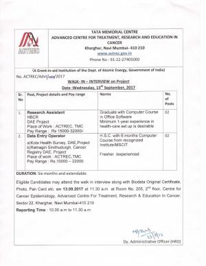 TMC ACTREC Recruitment 2017, Walk in for Research Assistant and DEO Posts