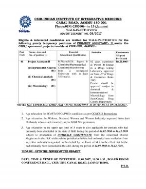 CSIR IIIM Recruitment 2017, Apply for Project Assistant Posts