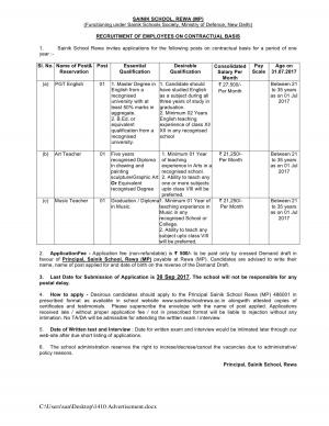 Sainik School Rewa Recruitment 2017 for 03 Teaching Posts 