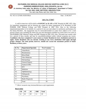 ESIC Hospital Kolkata Recruitment 2017 for 29 Senior Resident Posts 