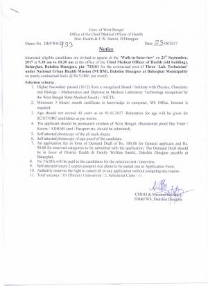 Chief Medical Officer of Health, Dinajpur Recruitment 2017 for 3 Lab Technician Posts