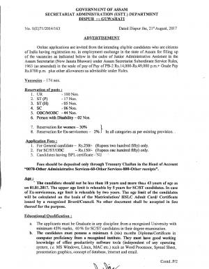 Secretariat Admi Dept., Assam Recruitment 2017 for 174 Junior Admin. Assistant Posts 