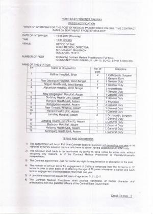 Northeast Frontier Railway Recruitment 2017 for 20 Medical Practitioner Posts